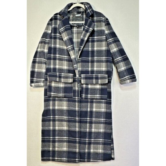 Buffalo David Bitton Womens Plaidical Long Coat L/G Blue Gray Fleece - Picture 1 of 16